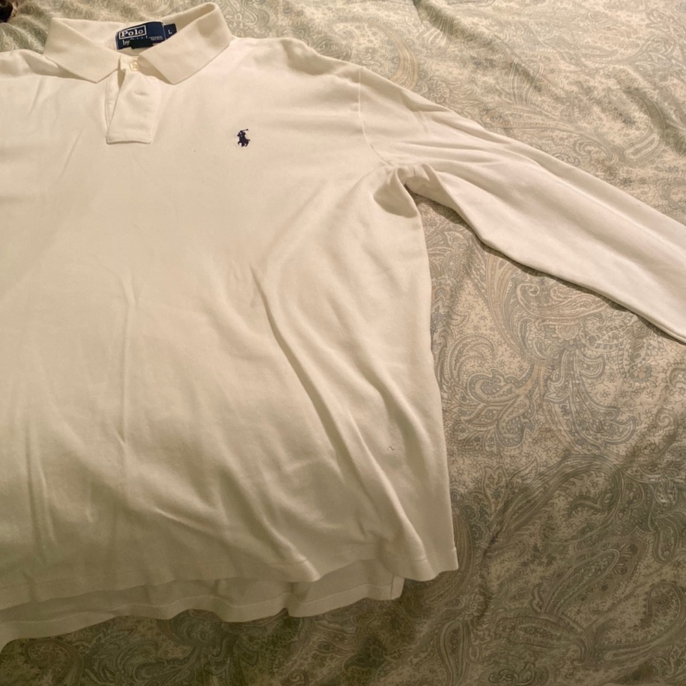 Long sleeve white Polo shirt. Size large